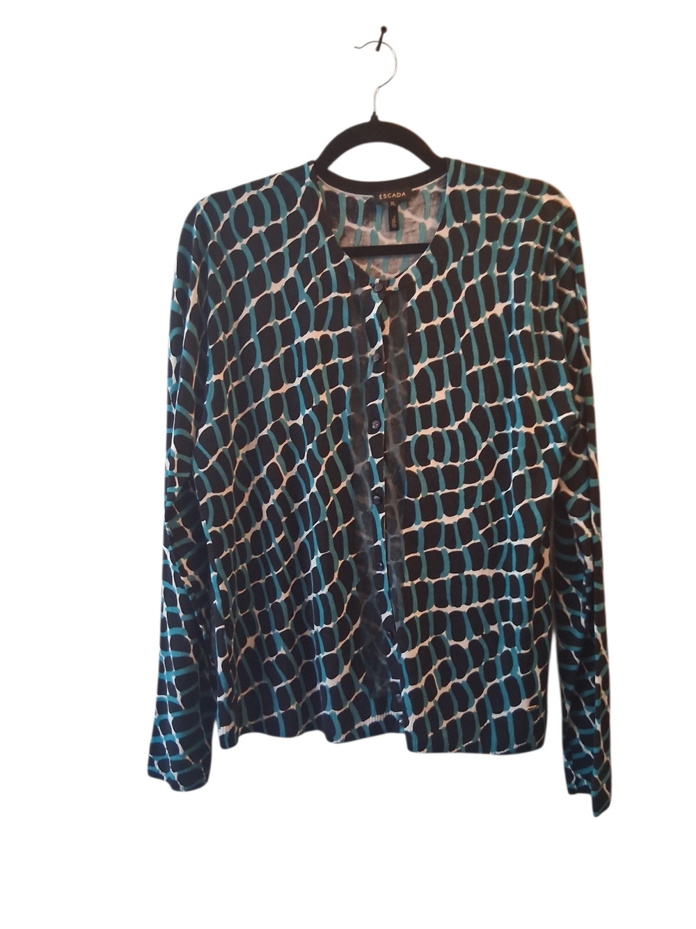 Escada Green and Black Geometric Button-Front Top Wool Silk Blend - Picture 3 of 7